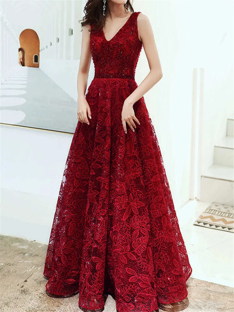 Wine Red Dress Solid Color Sequin V-neck Long A-line Skirt Elegant Evening Gown M047