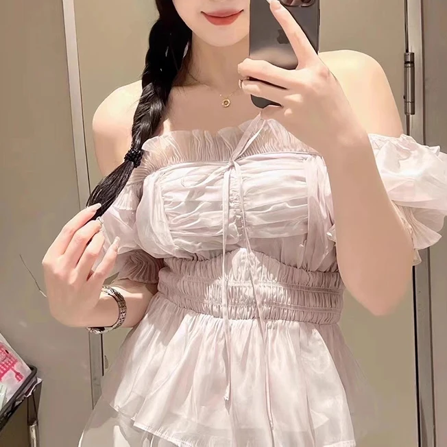 

Sweet Style Short Ogeen Shirt Shoulder Hole One Shoulder Neckline Moon Tooth Spring Summer New Arrival Women's Fashion Top