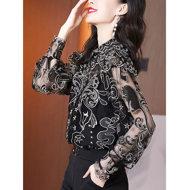 Spring Autumn New Fashion Printing Turn-down Collar Long Sleeve Blouse Ladies Temperament Net Yarn Shirts Femme Elegant Tops