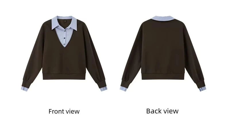 VIMLY Fake Two-piece Striped Collar Sweatshirt for Women 2026 Autumn Coffee Color Commute Casual Loose-fit Female Pullover A7577