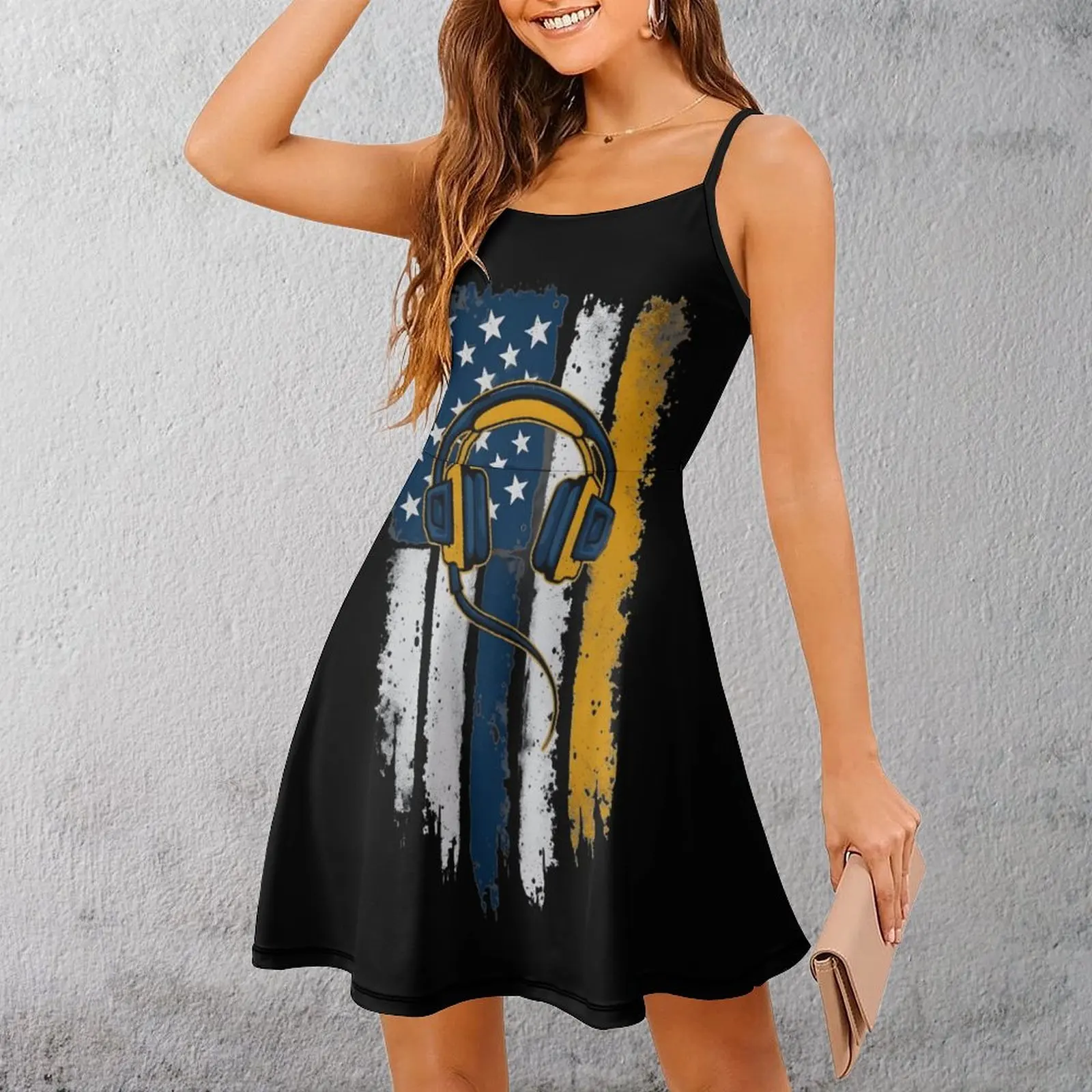 

Exotic Woman's Clothing Suspender Dress American Flag Headphones Art Women's Sling Dress Graphic Cool Vacations Funny Novelty