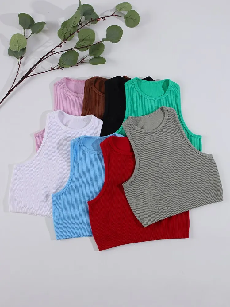 Crop Top Women Athletic Sports Tank Seamless Streetwear Elastic Rib-Knit Sleeveless Yoga Vest Tee Stretchy Gym Tight