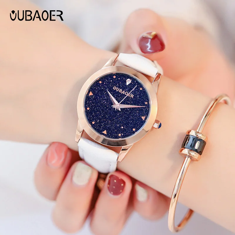 Oubaoer top original diamond quartz women\'s watch fashion starry sky dial leather strap waterproof ladies watch gift for ladies