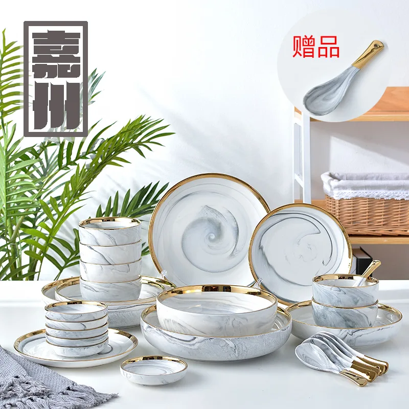 Tableware spoon feeding Nordic tableware set for 2 people Household ceramic dishes Phnom Penh marble dishes set