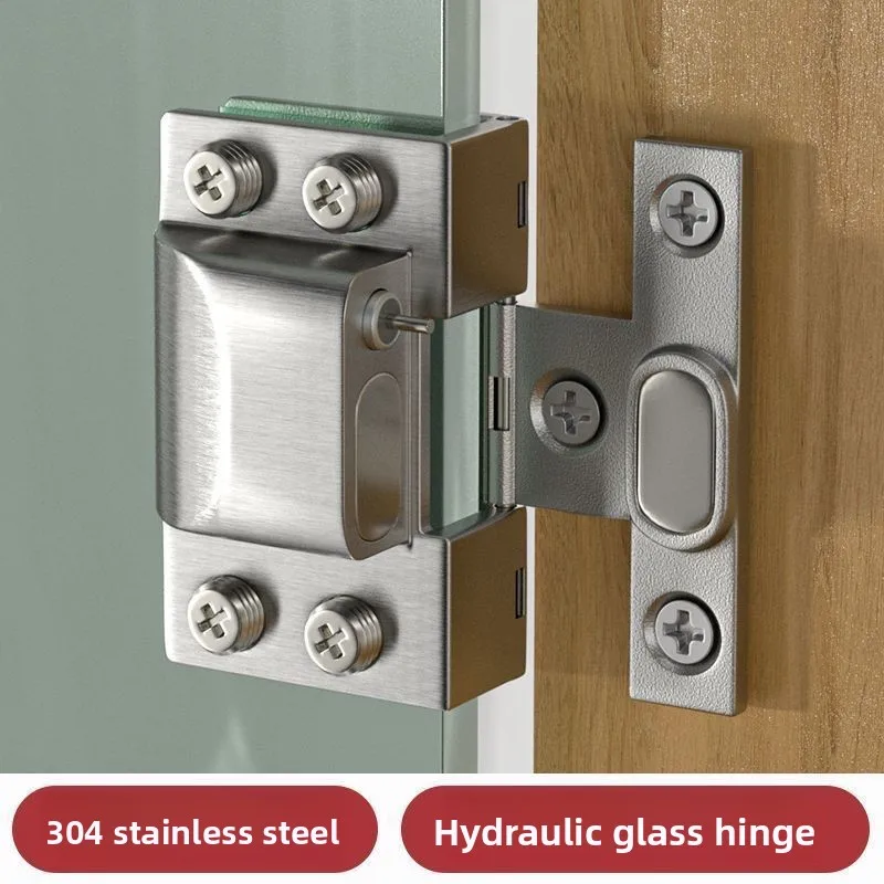 304 Edelstahl Glastürscharnier Hydraulisches Schrankscharnier Ohne Bohren für Weinvitrine Bücherregal Schranktür