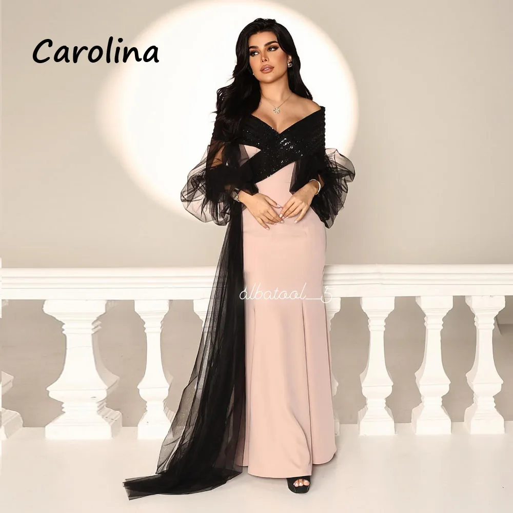 

Carolina Dusty Pink Beading V-Neck Mermaid 2024 Slim Crepe Floor-Length Tulle Long Sleeve Ocassion Gown Formal Evening Dress