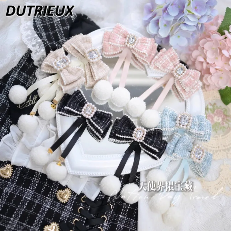 Sweet Girl Pearl Bow Hairball Hairpin Japanese Style Mass Production Cute Kawaii Lolita Hair Clips Accessories for Women