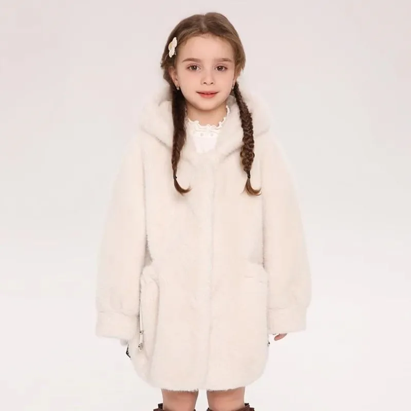 Winter New Girls Faux Fur Jacket Children's Imitation Mink Fur Warm Overcoat Hooded Coat A4283