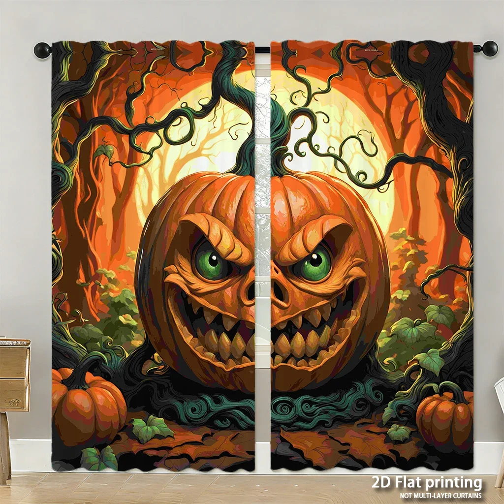 2-piece set of high-definition digital printed curtainsHalloween Scary Pumpkin Dark Orange Green Curly Twisted Tree ForestHome d