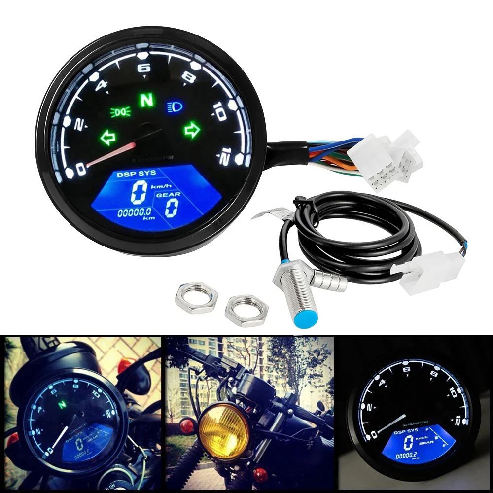 

12V Motorcycle Speedometer Tachometer Fuel Meter Dashboard Gauges Odometer LCD Digital Indicator Motorbike Accessories Universal