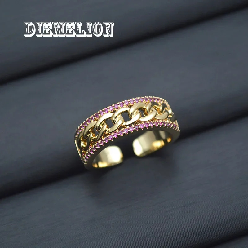 Anillos de cadena gruesa de 7mm para mujer, incrustaciones de circonita cúbica colorida, anillo de cadena de giro ajustable abierto, joyería de hip hop/Rock de moda