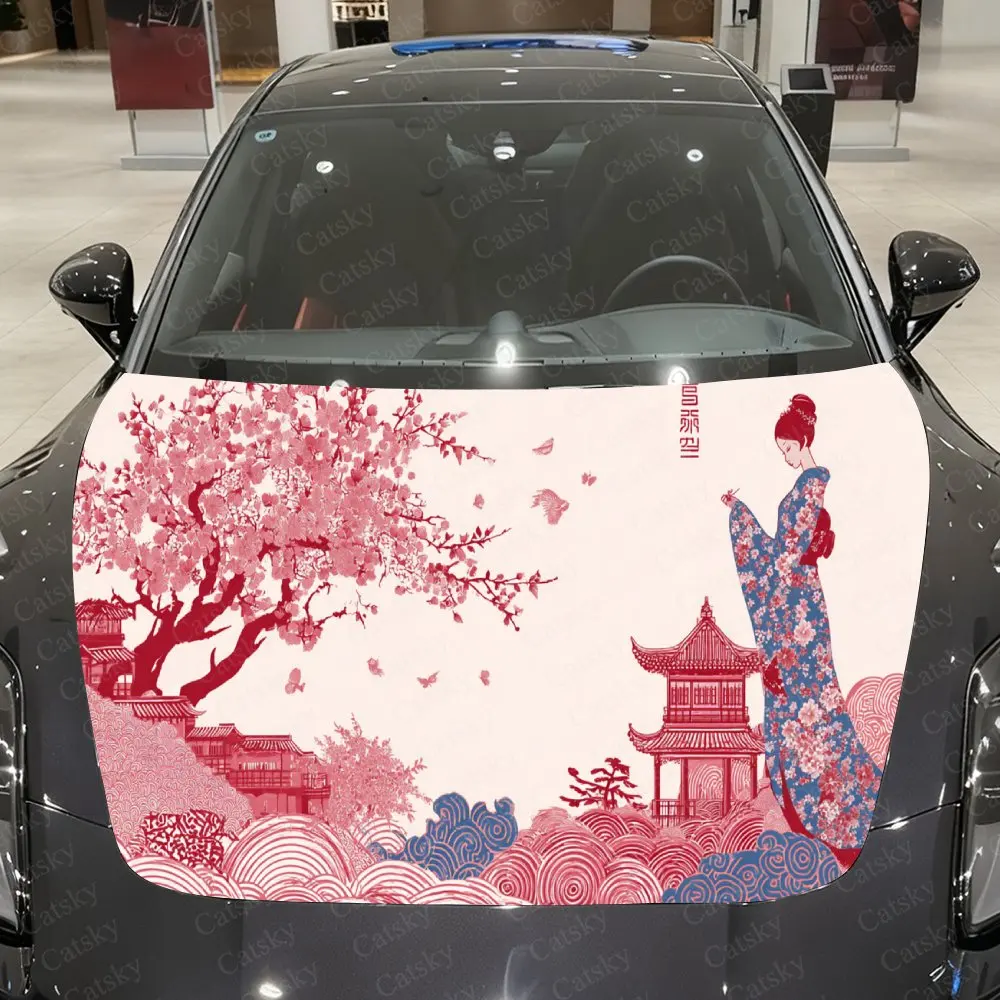 

Cherry Blossom Geisha Pagoda PVC Car Hood Wraps, Self-Adhesive Waterproof Car Bonnet Decal Sticker, Car Decoration Protection St