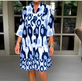 2024 Summer Printed Women Dress V-neck Elegant Shirt Dresses Female New Spring New Fashion Loose Casual Clothes Ladies