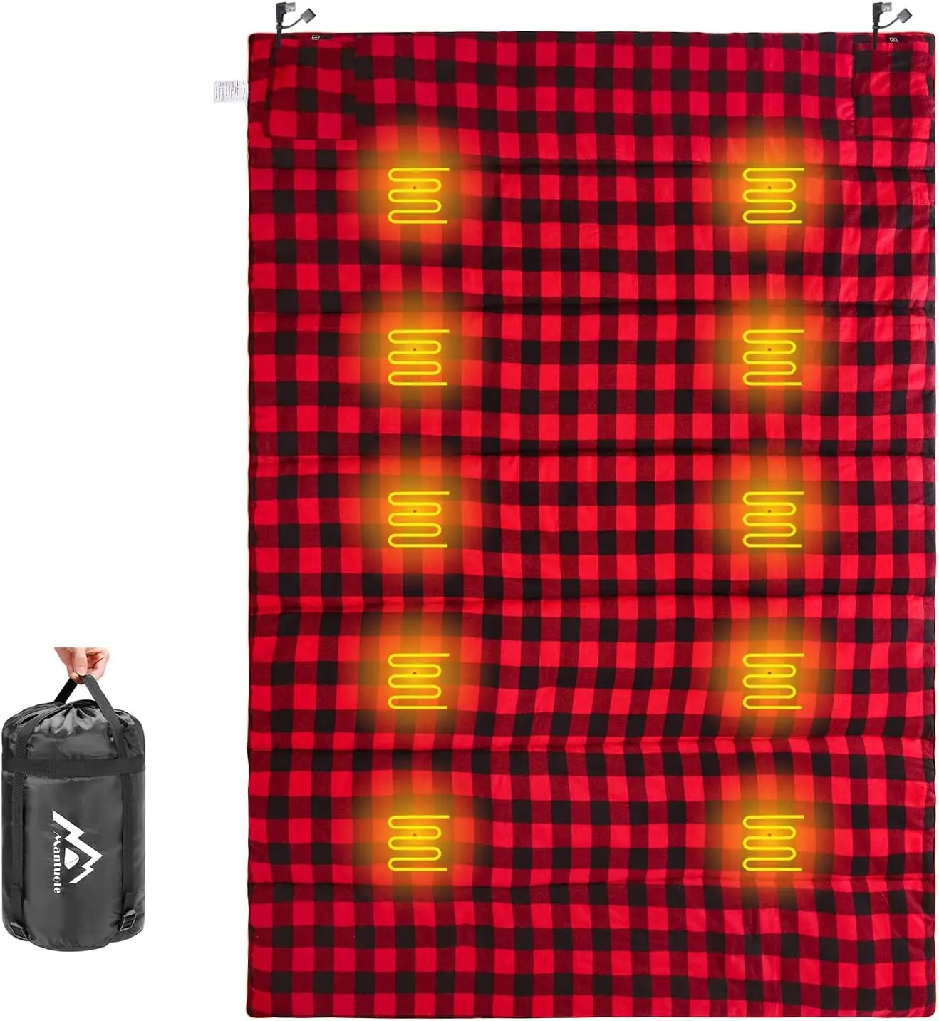 Heated Sleeping Bag pad, Operated by 5V/2A USB Power Supply (Battery NOT Included). Black & Red Flannel.