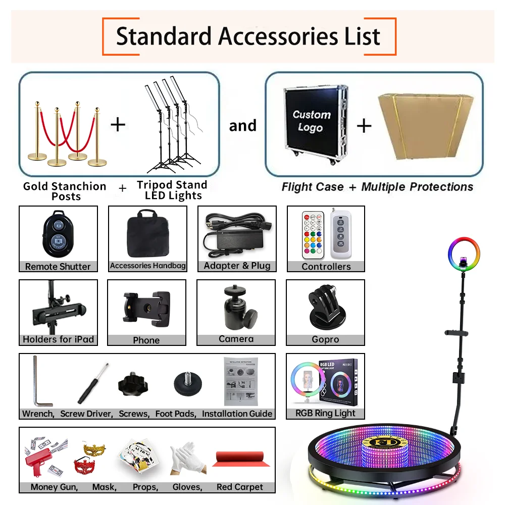 Portable 360 Photo Booth Glass Platform Magic Automatic Video Booth with LED Fill Lights Stanchion Posts Queue for Party Events