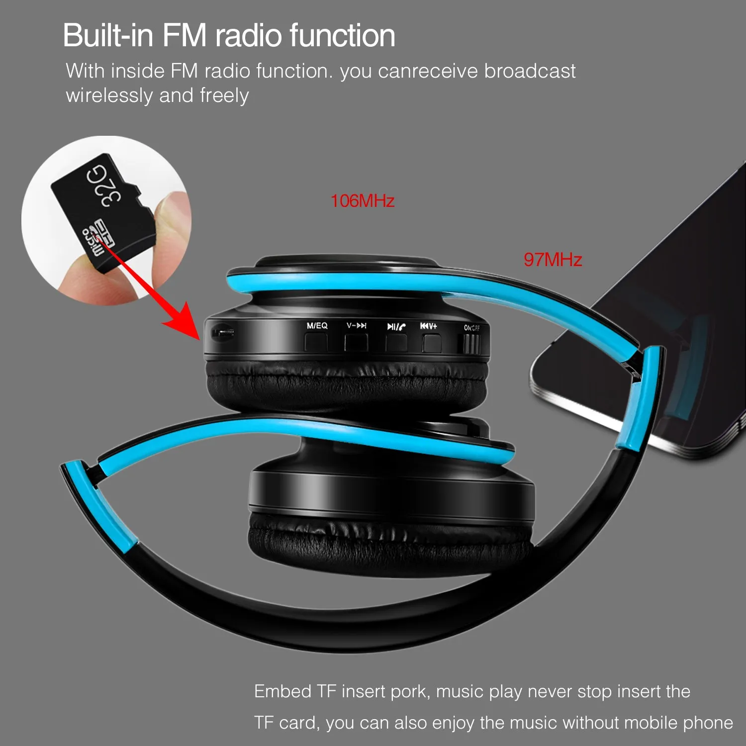 Cinque colori cuffie senza fili Bluetooth cuffie Stereo cuffie supporto scheda SD con microfono per Xiaomi Iphone Sumsamg Tablet