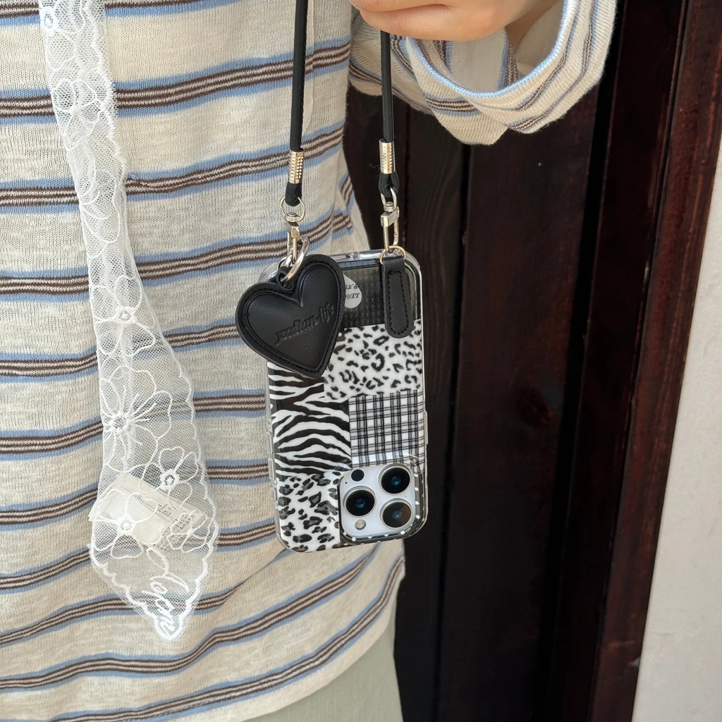 Avanzado negro blanco cebra leopardo estampado onda punto empalme amor corazón cordón funda de teléfono para iPhone 17 16 15 14 Pro Max