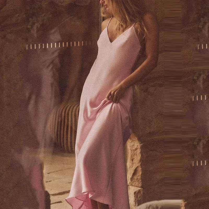 Summer 2025 Women's V-ne Midi Dr Silk Satin Texture Midi Dr European Sle No-sve Polyester Fiber Single Piece