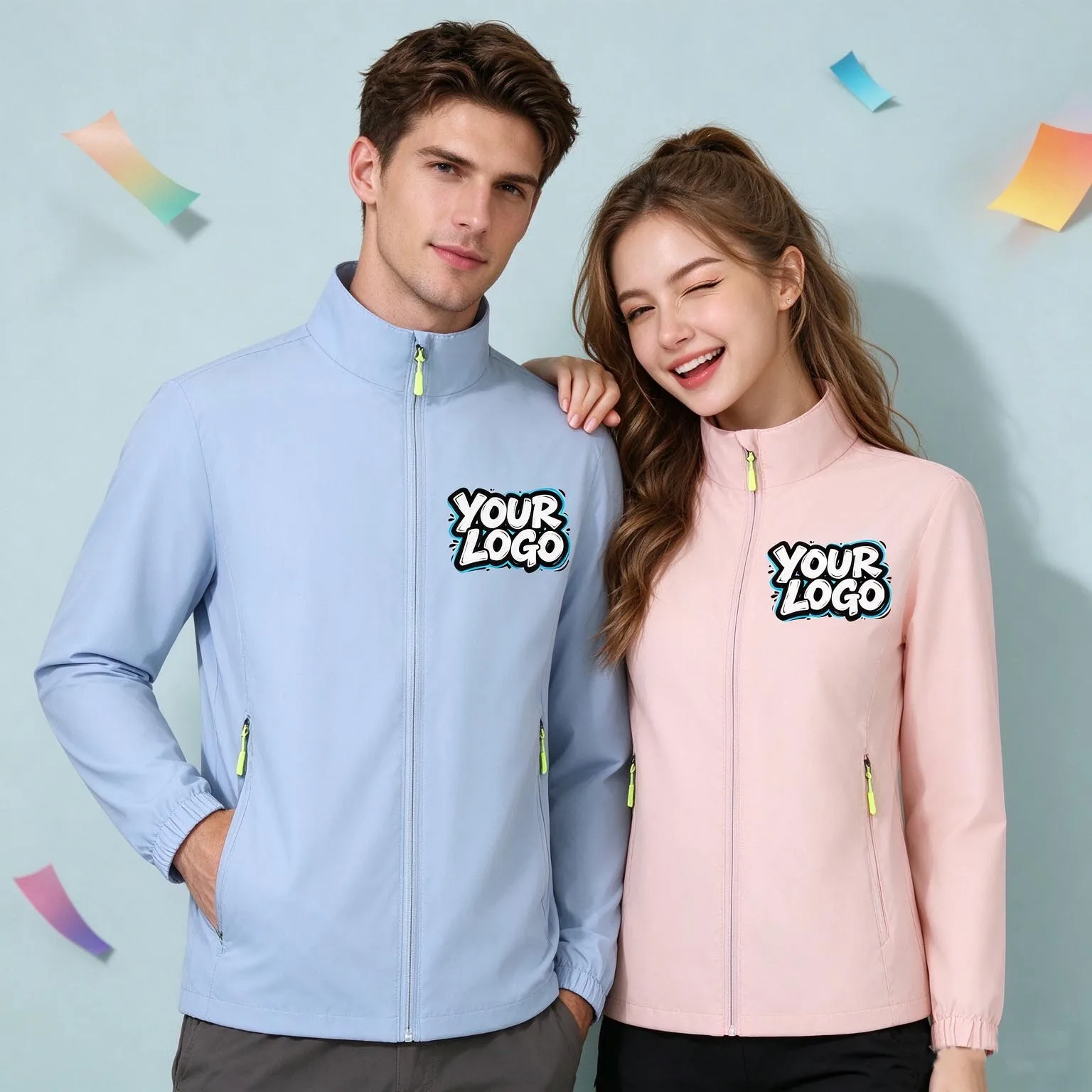 Custom Print Logo Spring Autumn Thin Stand Collar Jacket Men Women Couple Plus Size Windproof Outdoor Full Zip Light Coat