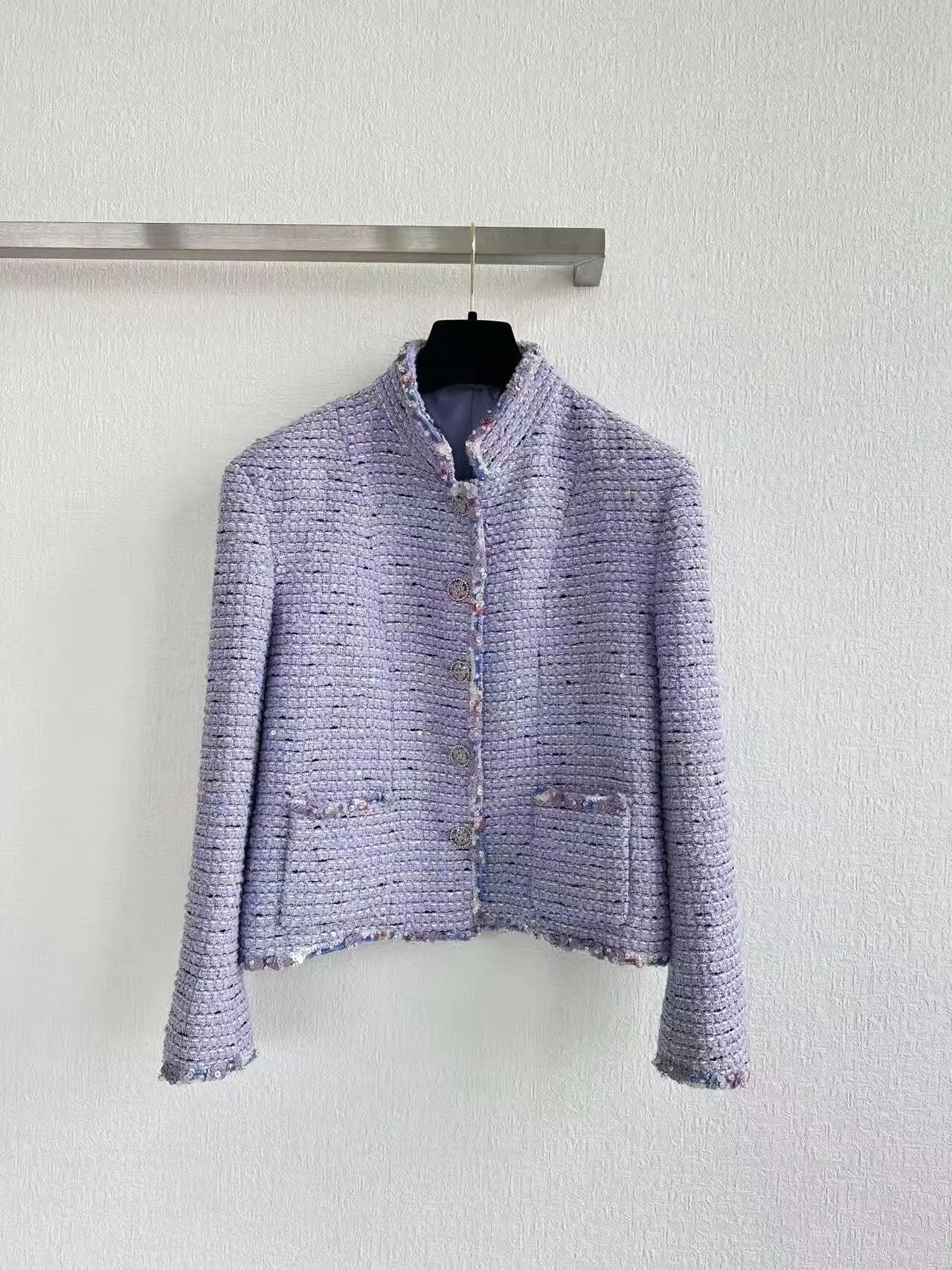 

2025 Luxury Purple Tweed Jacket Women Stand Collar Single Breasted Coat Elegant Office Lady Outwear Sequin Party Coat