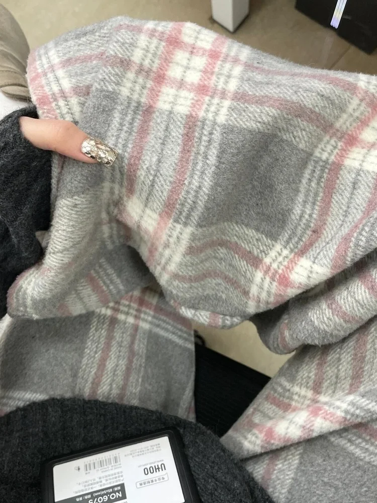 فضفاض الصوف بنطال ذو قصة أرجل واسعة عالية الخصر مستقيم قطع منقوشة كسول Sle الخريف الشتاء المرأة بناطيل كاجوال العلامة التجارية الصينية #5