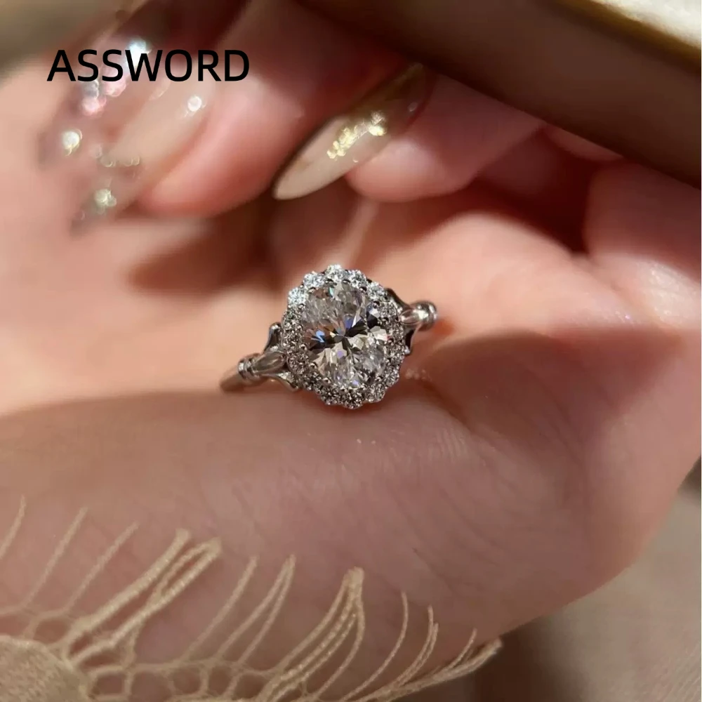 925 Sterling Silver Open Adjustable Ring for Women Oval CZ Zircon Vintage Halo Promise Engagement Wedding Ring Jewelry Gift