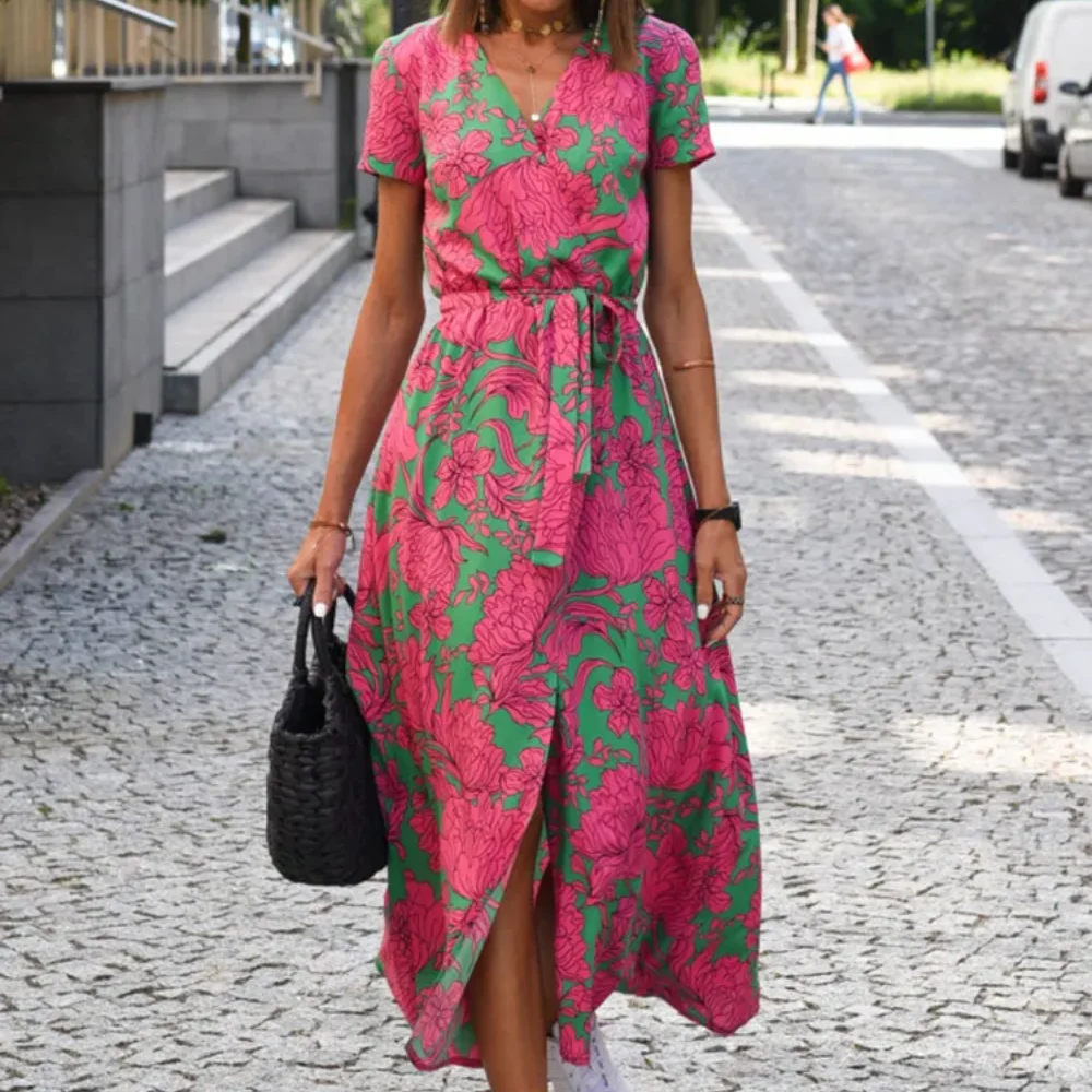 Fashion V-neck short sleeved floral printed midi dress