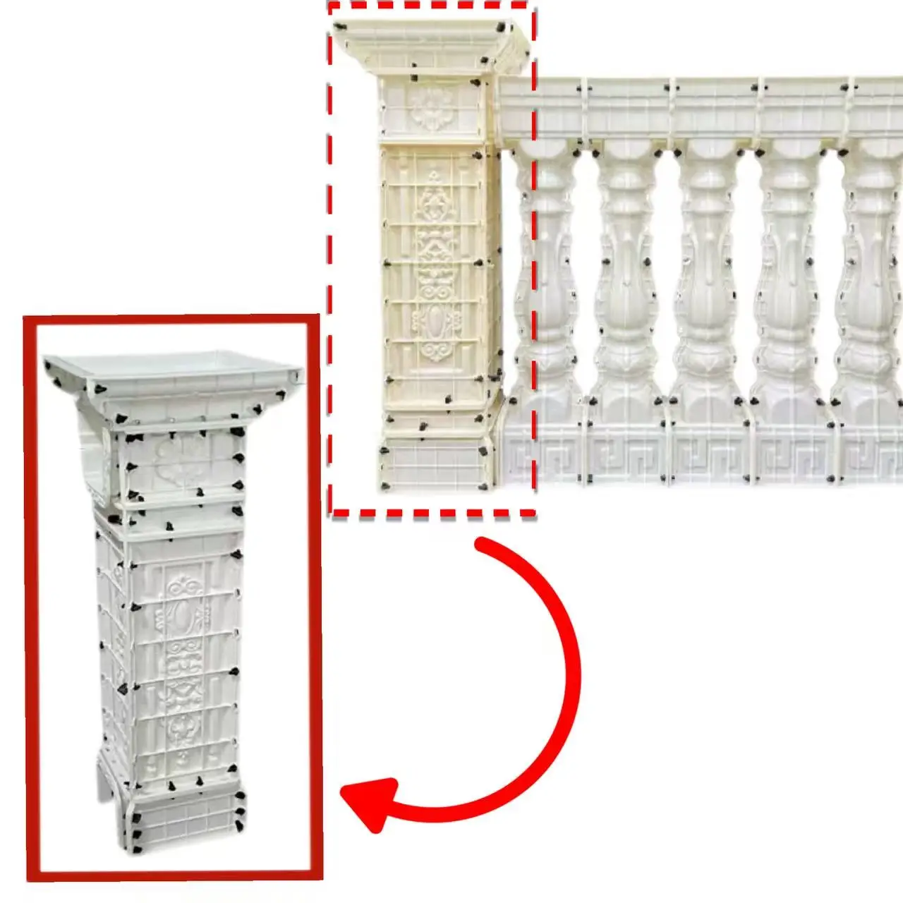 (Exclusivamente para usar con nuestros barandillas) Columnas espaciadoras que se pueden combinar con barandillas de 84 cm, 90 cm, 96 cm y 108 cm de altura, moldes de pilares, hechos de material abdominal, específicamente para hormigón y cemento, fácil de desmoldar, antiadherente, una sola vez
