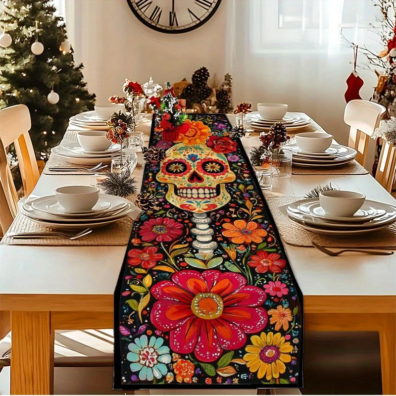 Mexican Colorful Floral Skull Linen Table Runner for Party Decor Mexico Day of The Dead Table Runners Kitchen Dining Table Decor