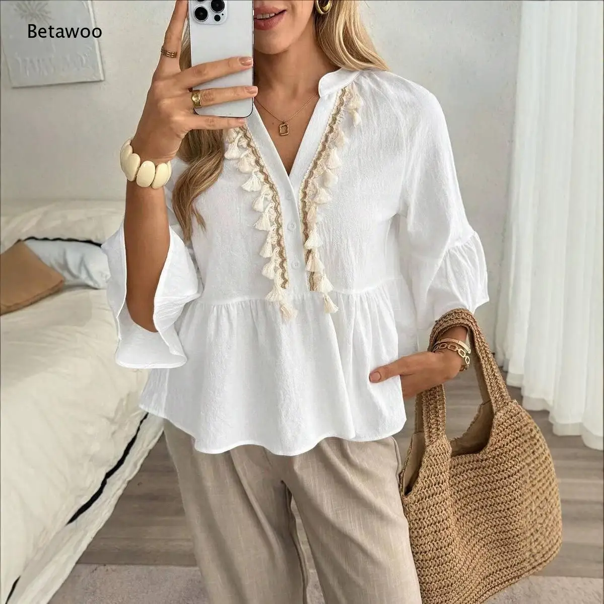 Women Bohemian Tassel Decor V Neck Blouse Flare Sleeve Peplum Hem Loose Shirt Multiple Color Options Comfortable Casual Top