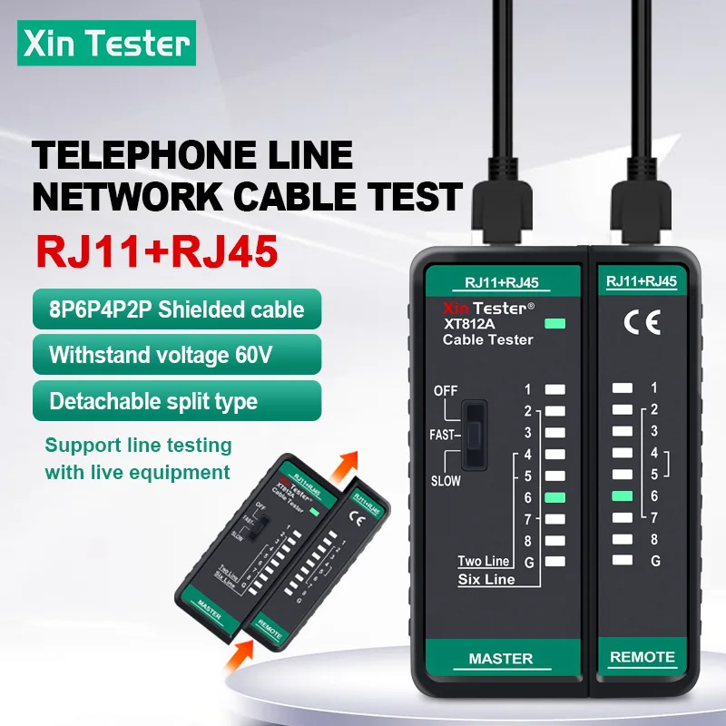 Xin Tester Network Cable Telephone Line Tester 8P/6P/4P/2P Networking Wire Detector RJ11+RJ45 Input Port XT812A