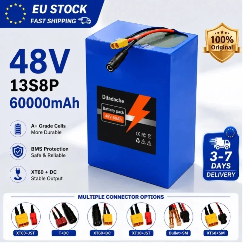48V 60Ah Wiederaufladbarer Lithium-Akku 13S8P 18650 Zellen Smart BMS XT60 DC-Anschluss Lange Lebensdauer EU-Lagerbestand Schneller Versand Geeignet für E-Bike Elektroroller Solarenergie-Speicher RV