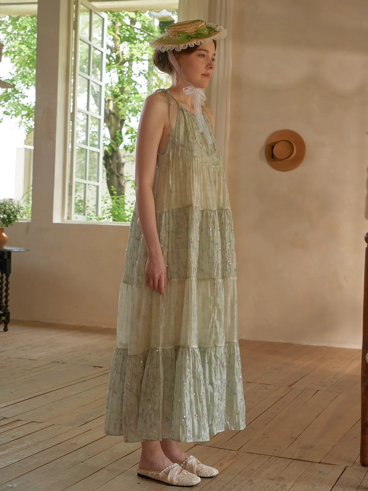 Frühling Sommer Damen Mintgrüner Pailletten-Maxirock Zweiteiliges Set mit Blazer-Oberteil und fließendem Camisole-Kleid