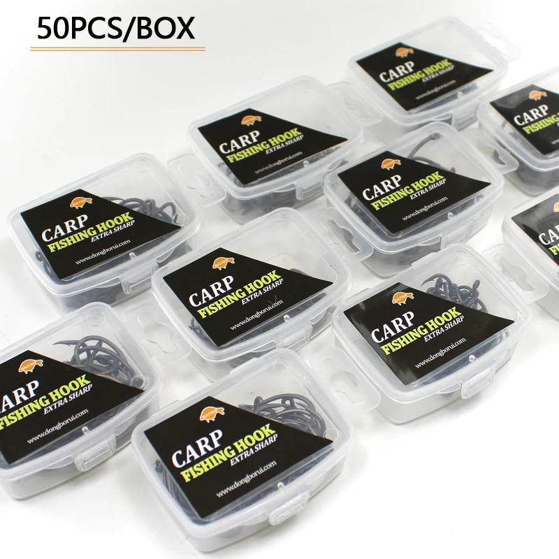 50PCS PTFE Coating High Carbon Stainless Steel Barbed Barbless hooks Carp Fishing Hooks Pack with Retail Original Box 2 4 6 8