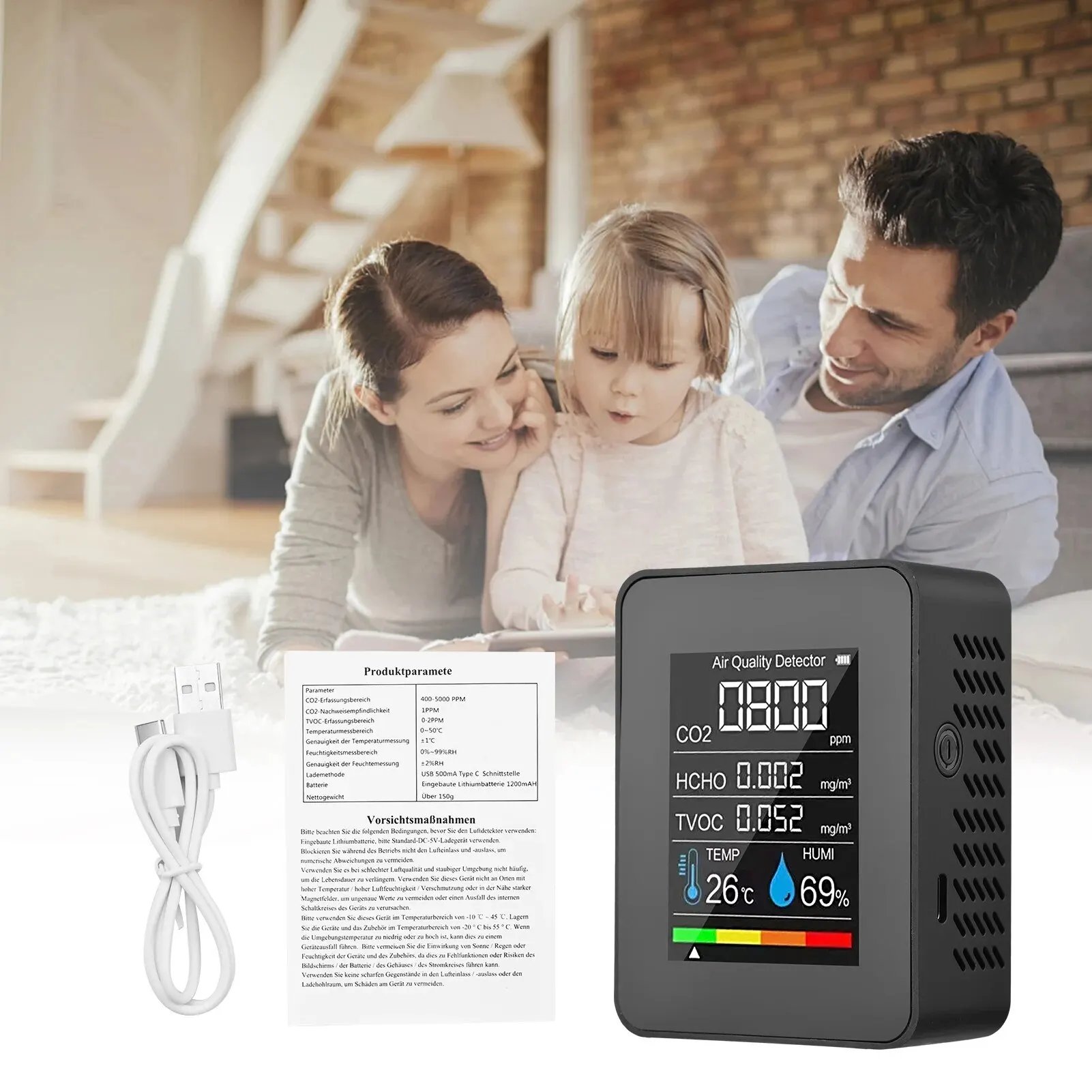 Multifunctionele 5in1 Co 2 Meter Digitale Temperatuur Vochtigheid Tester Kooldioxide Tovae Hcho Detector Luchtkwaliteit Monitor