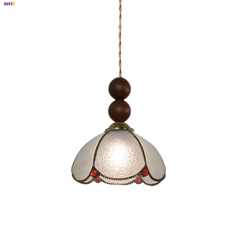 

IWHD Gray Glass LED Pendant Light Fixtures Wood Globe Copper Bar Balcony Hallway Tiffany Style Home Lighting Hang Lamp Luminaire