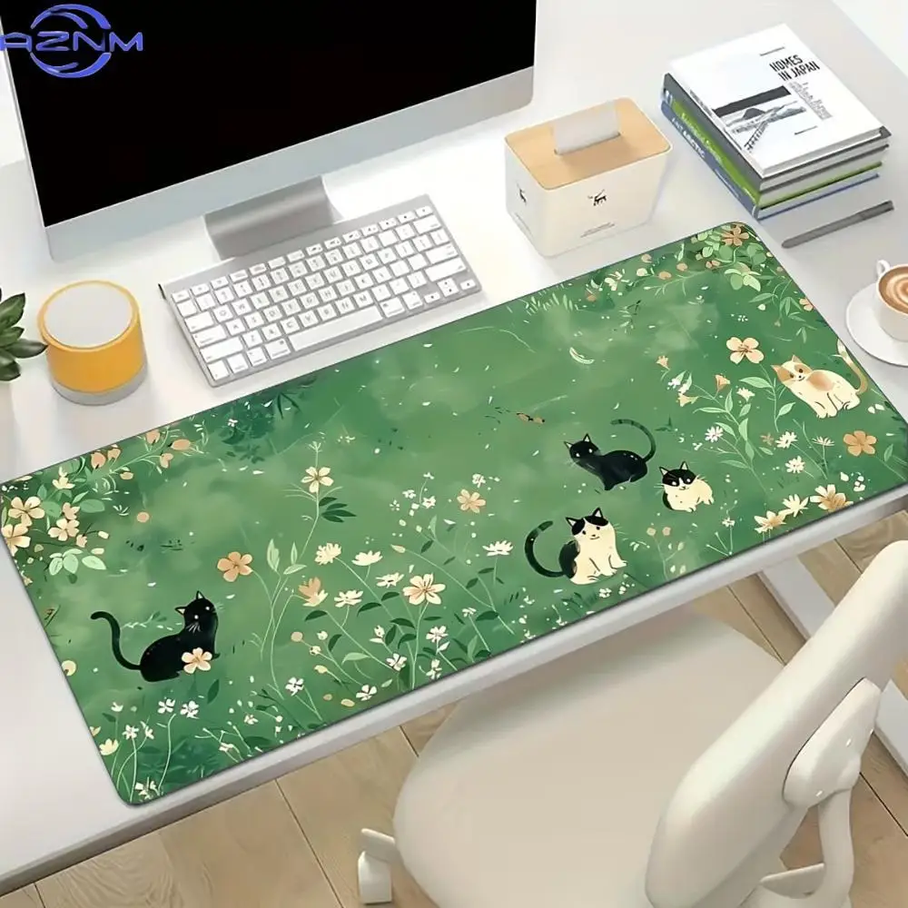 Floral Cute Cat Large Gaming Mouse Pad Non Slip Rubber Lock Edge Extended Desk Mat For Gamers Office Laptop Desktop Work Setup