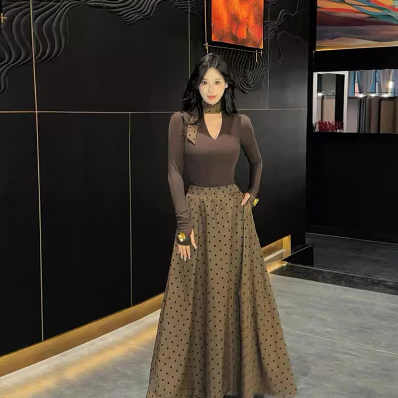 

Retro Korean Style Coffee V-Neck Long Sleeve Top And Polka Dot Skirt Set Fashionable Autumn Winter Outfit for Women
