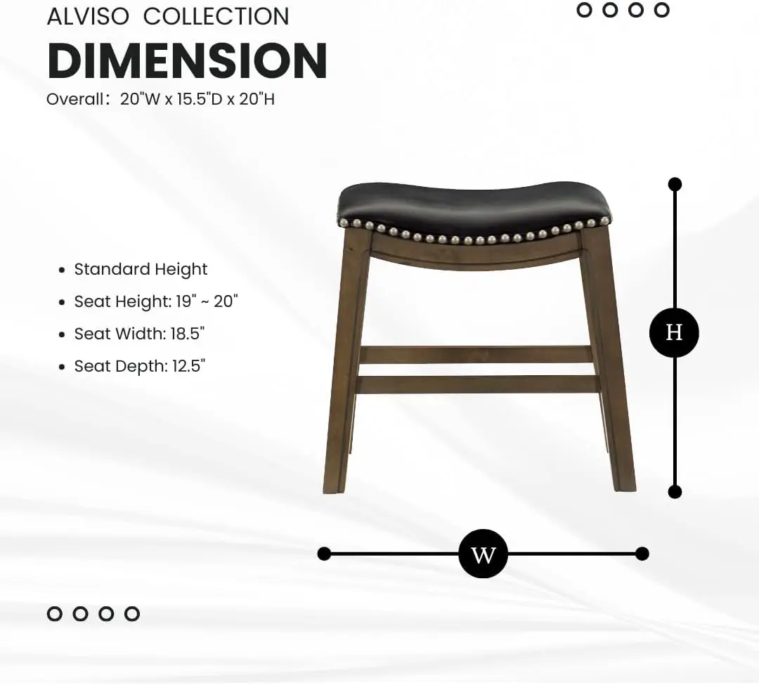 

Lexicon Alviso Solid Wood Stools, 20-Inch Dining Height Upholstered Padded Saddle Dining Stools, Faux Leather, Easy Assembly