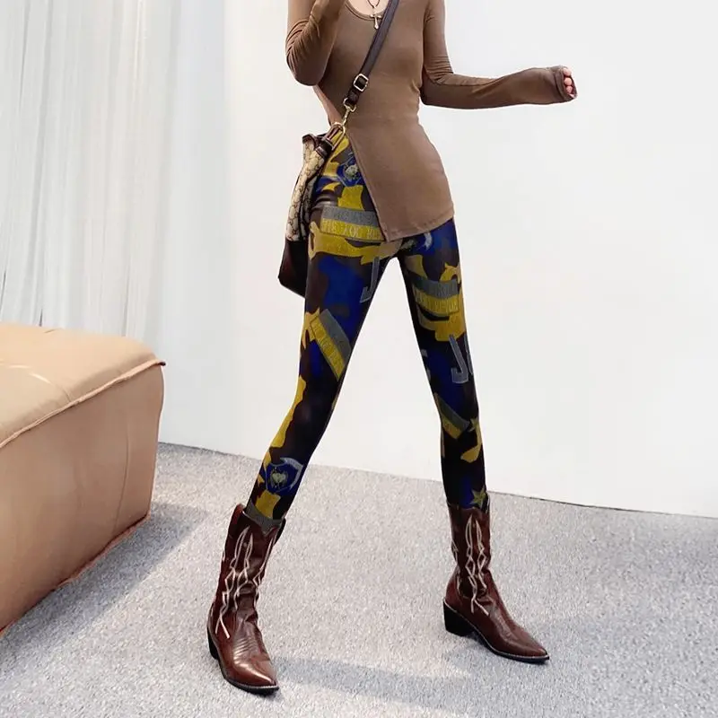 Leggings for Women European Tight-fitting Stretch Contrasting Printed Nine-point Pants Trendy Mesh Style