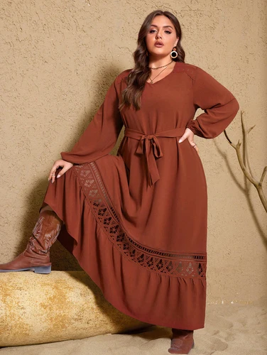 Imagen 2 del producto Vestidos informales de talla grande para mujer, novedad de 2021, color marrón, con cuello en V, a la moda, cinturón de encaje, largo, elegante, informal, para fiesta