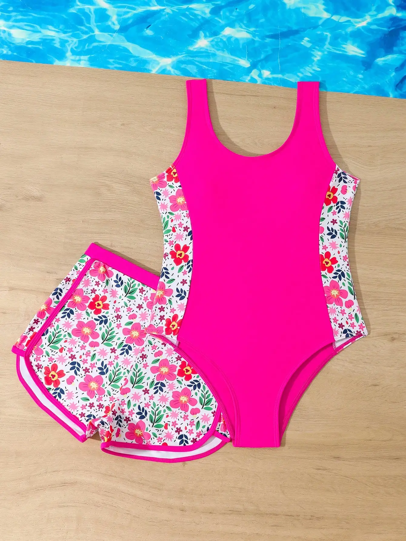 Floral Print One Piece Swimsuit With Beach Shorts For Women