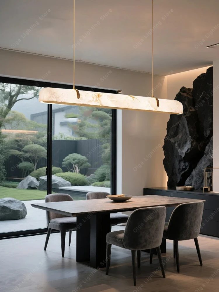All Copper Long Ceiling Pendant Light Marble, Dimmable Alabaster Hanging Lamp for Kitchen Island Natural Stone Lampara Techo