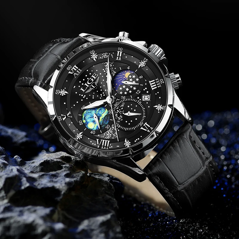 LIGE New Men Watch Waterproof Sports Quartz Wristwatch Chronograph Fashion Moon Phase Starry Luminous Watches for Men Date Clock