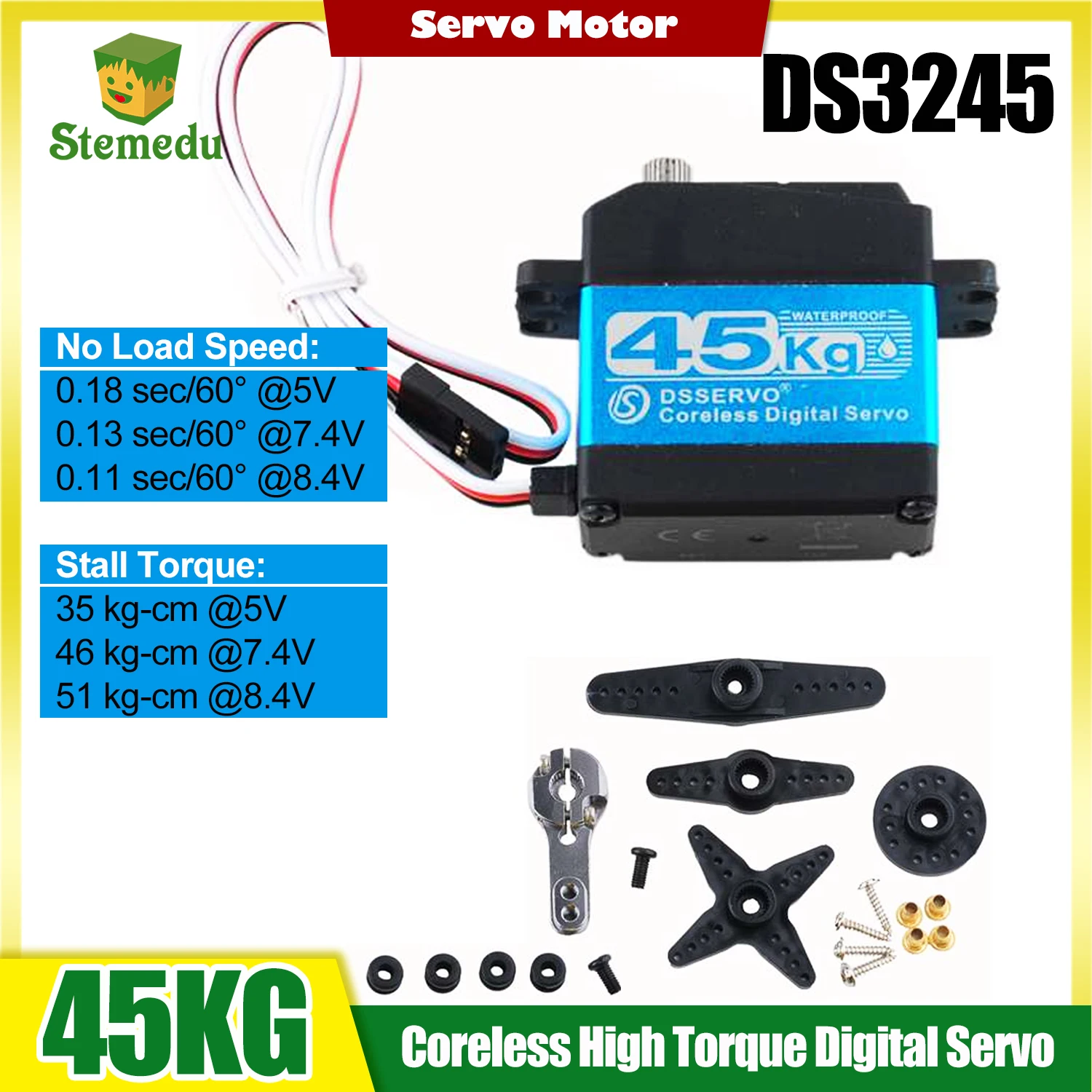 45KG DS3245 コアレスデジタルメタルサーボモーター 7.4V 180 ° /270 °   防水 IP66、RC ロボット 1:8 1:10 バハカー用 25T サーボアーム付き