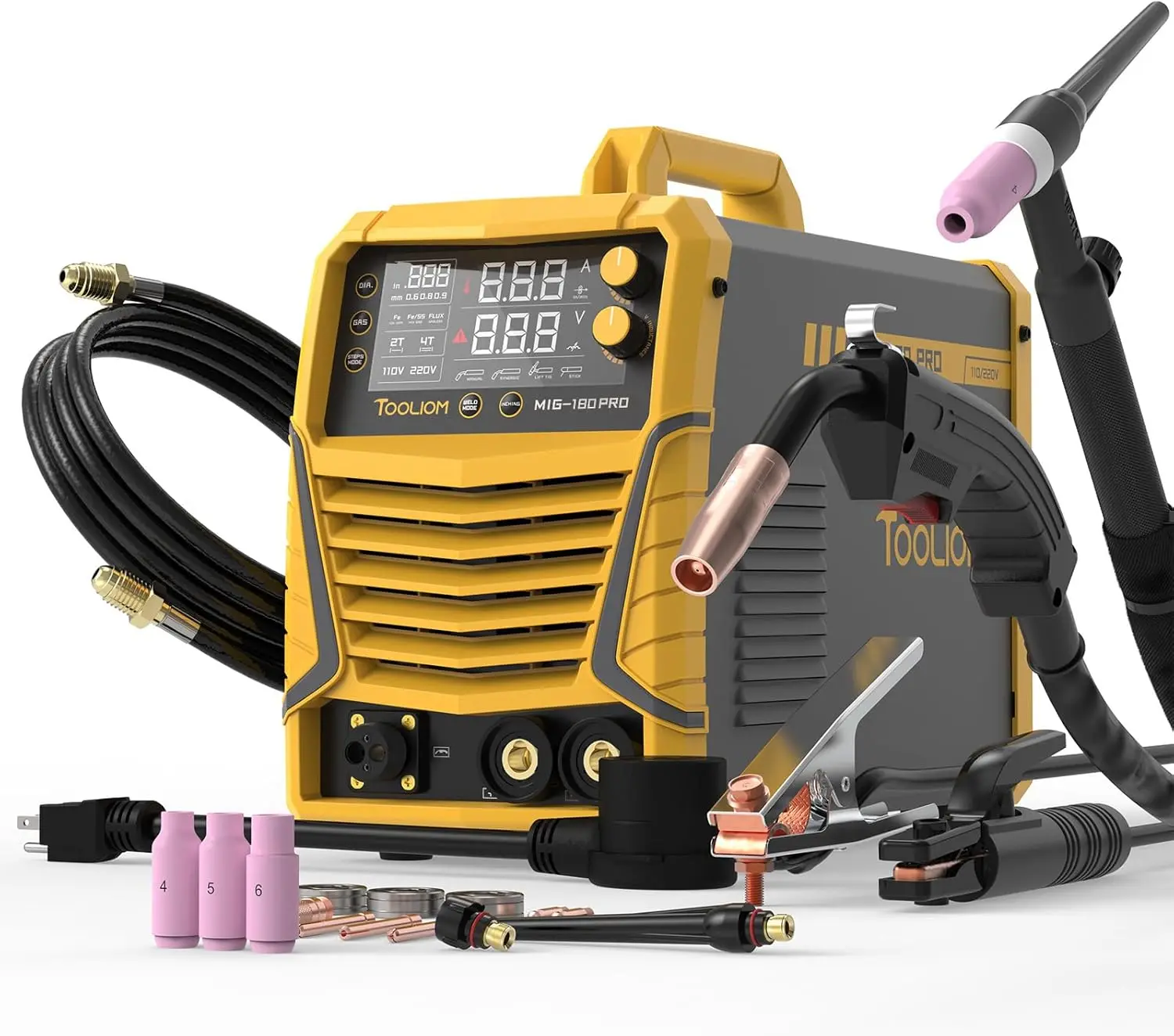 

MIG Welder 180A 4 in 1 Gas MIG/Flux MIG/Stick/Lift TIG Multiprocess Welding Machine 110V/220V Welder with Lift TIG Torch
