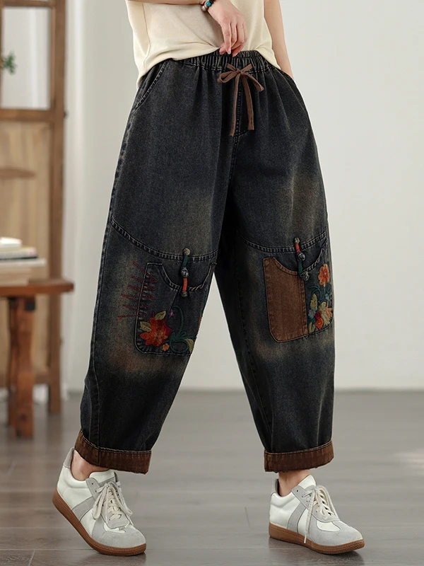 

Retro Heavy Embroidery Ethnic Sle Harlan Jeans Elastic Waist Versatile Casual plus Size Dad Pants Spring 2026 Cotton Polyes...