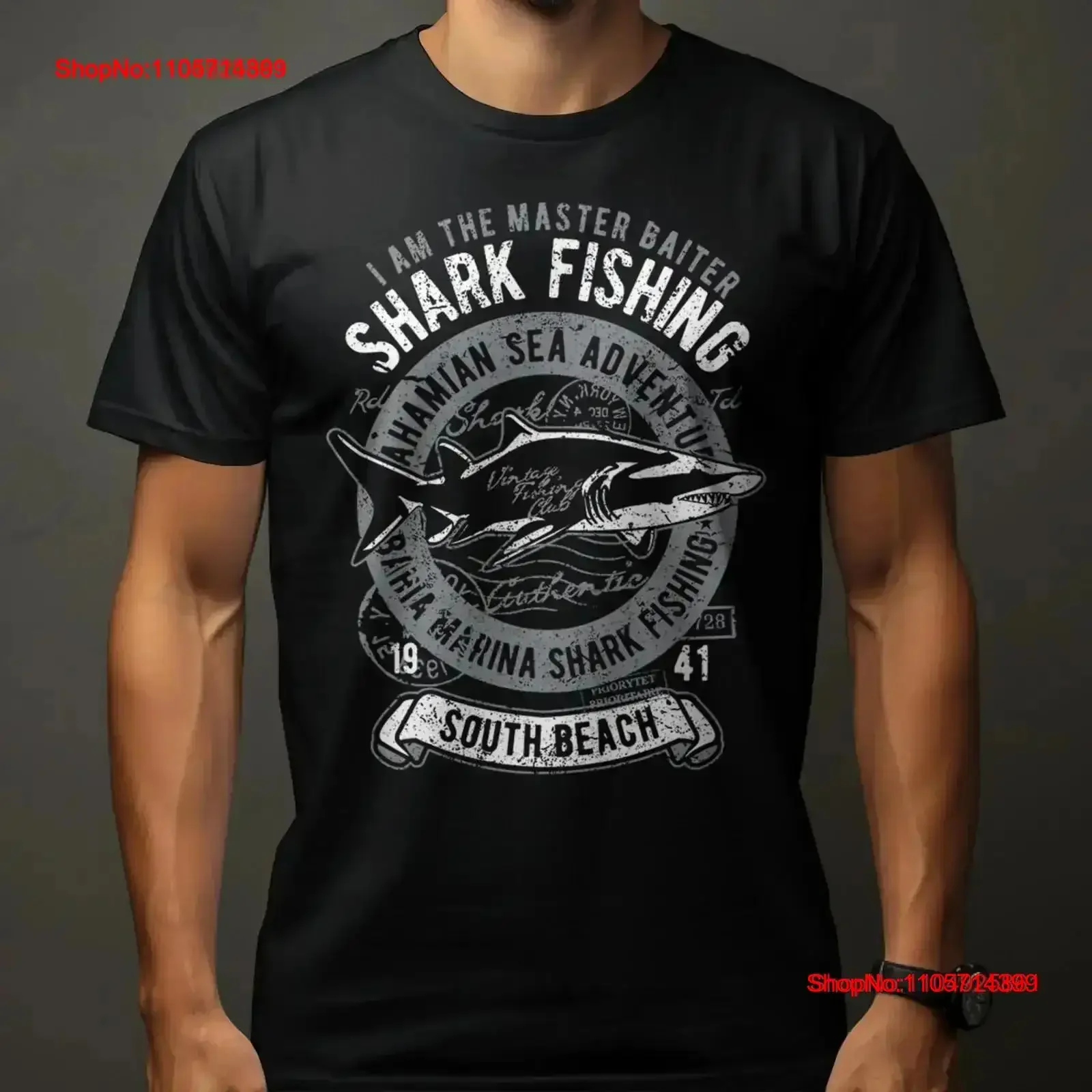 Vintage Shark Fishing T Shirt Bahamian Sea Adventure South Beach Master Baiter Retro Washed Stretched Versatile graphic