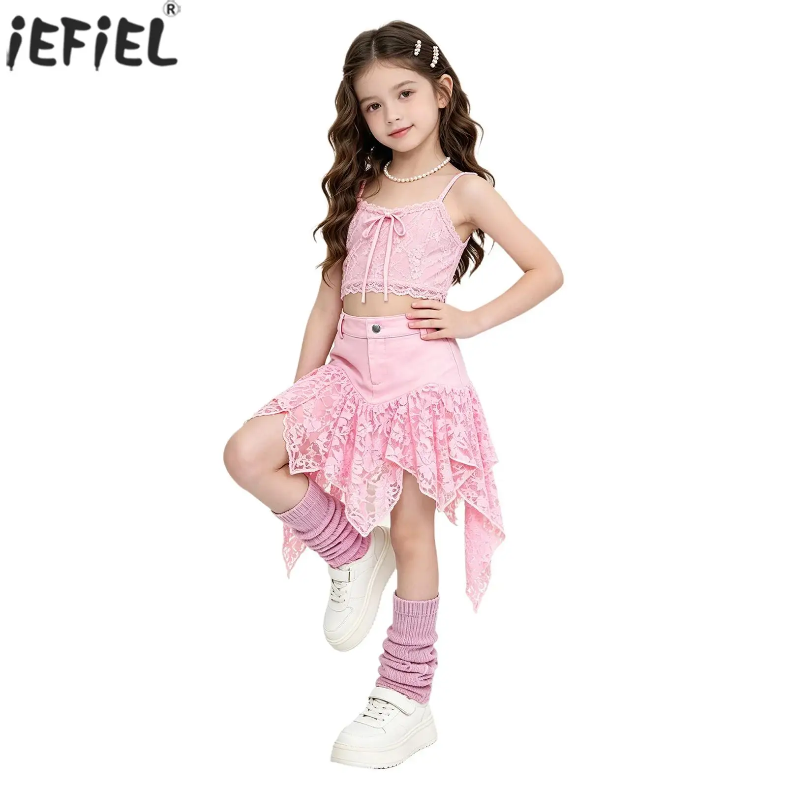 Kids Girls Y2K Irregular Skirt Flowy Lace Patchwork Zipper Fly Skirts with Pockets for Birthday Party Dancing School Streetwear