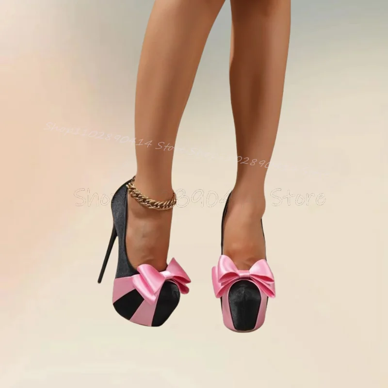 Pink Bow Knot Black Round Toe Platform Pumps Slip On Women Shoes Thin High Heels Fashion Party Banquet 2024 Zapatos Para Mujere